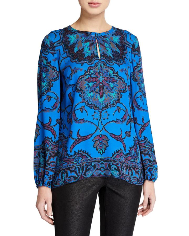 Jayden Printed Long-sleeve Silk Keyhole Blouse