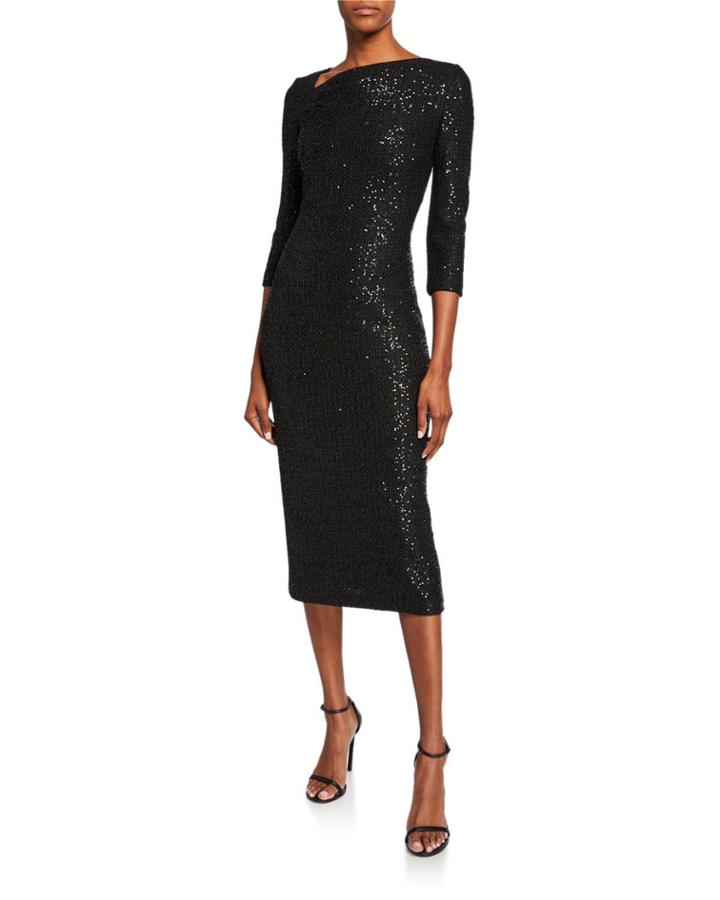 Statement Sequin Asymmetric-neck 3/4-sleeve Dress