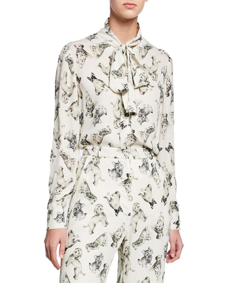 Man's Best Friend Print Bow-neck Blouse