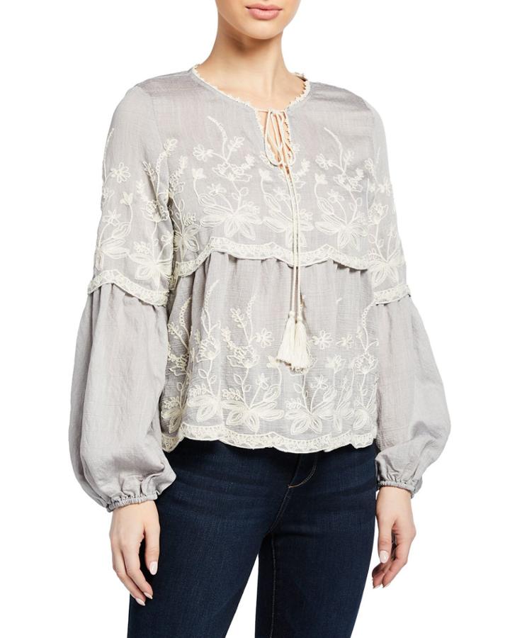 Embroidered Tassel-tie Long-sleeve Blouse