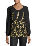 Floral-embroidered Chiffon Top, Black/gold