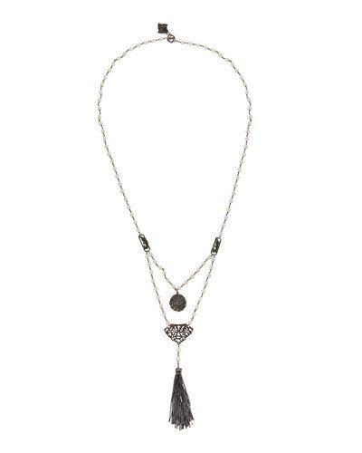 Long Mother-of-pearl Beaded Charm Tassel Necklace