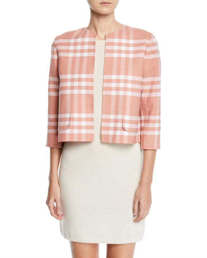 3/4-sleeve Plaid High-low Jacket