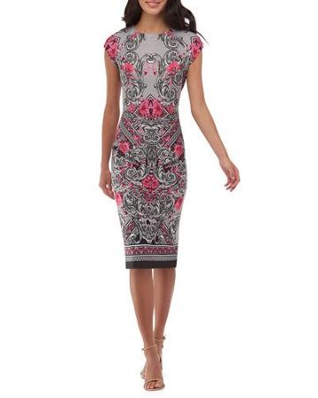 Scroll-print Scuba Midi Dress, Pink