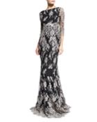 3/4-sleeve Embroidered Lace Gown, Black