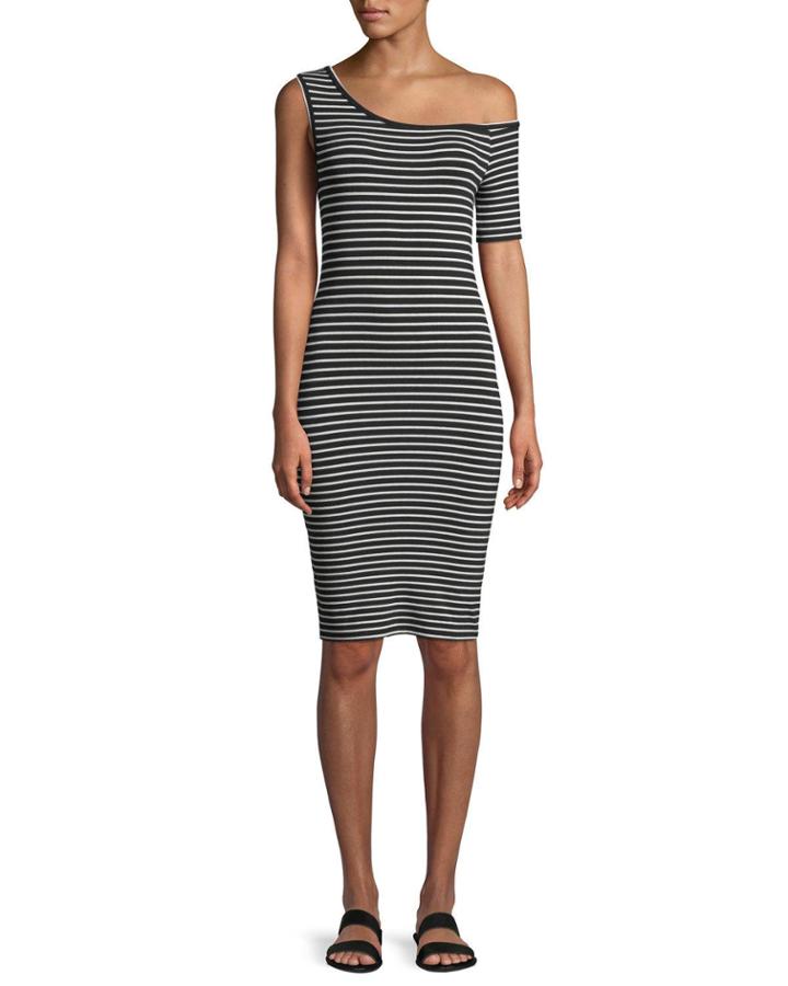 One-shoulder Fitted Striped Knee-length Dress