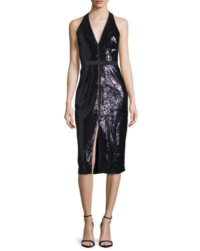 Sequined Halter Dress, Black/spruce