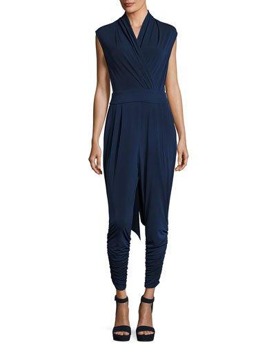 Sleeveless Ruched-cuffs Self-belt Jumpsuit, Navy