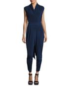 Sleeveless Ruched-cuffs Self-belt Jumpsuit, Navy