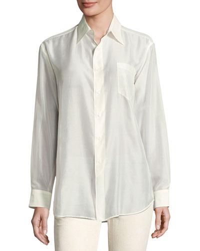 Damien Voile Long-sleeve Blouse, Cream