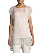 Cap-sleeve Sheer Silk Shibori Tunic, Coral