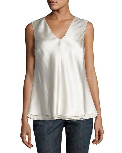 Sleeveless Layered Satin Top, Cream