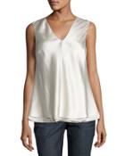 Sleeveless Layered Satin Top, Cream