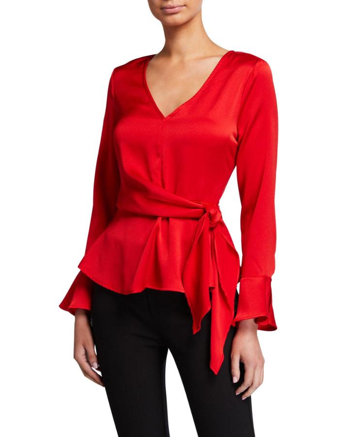 Satin Tie-waist V-neck Blouse