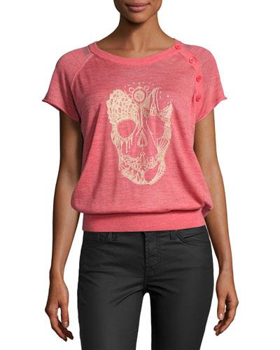 Short-sleeve Strass Skull Sweatshirt, Red