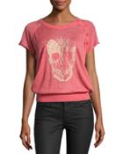 Short-sleeve Strass Skull Sweatshirt, Red