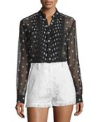 Sheer Pleated Polka-dot Tunic, Black/white