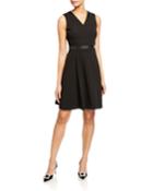 V-neck Fit-and-flare Dress With Pleather Trim