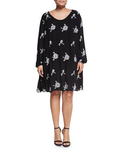 Long-sleeve Embroidered Swing Dress, Black/white,