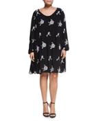 Long-sleeve Embroidered Swing Dress, Black/white,
