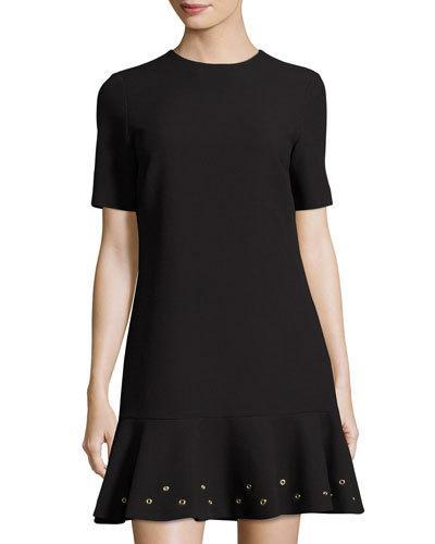 Short-sleeve Grommet-trim Knit Dress, Black