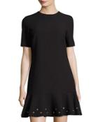Short-sleeve Grommet-trim Knit Dress, Black