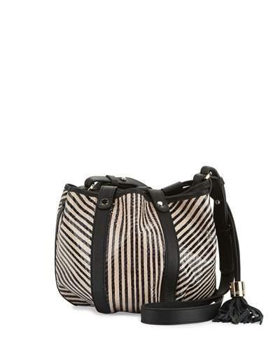Vicki Small Striped Leather Bucket Bag, Black