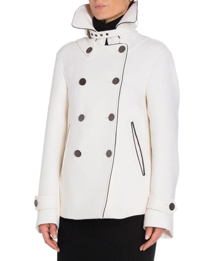 Double-breasted Leather-trim Wool Jacket