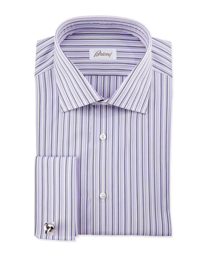 Brioni Bold-stripe French-cuff Dress Shirt, Purple, Men's,