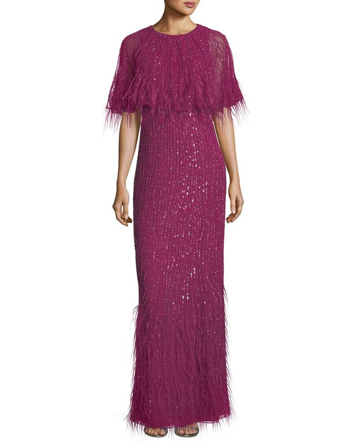 Lorena Sequined Feathered Evening Gown
