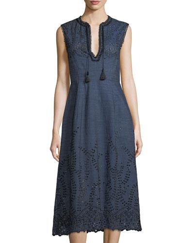 Plunging Self-tie Neck Sleeveless Dress W/ Embroidery