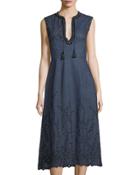 Plunging Self-tie Neck Sleeveless Dress W/ Embroidery