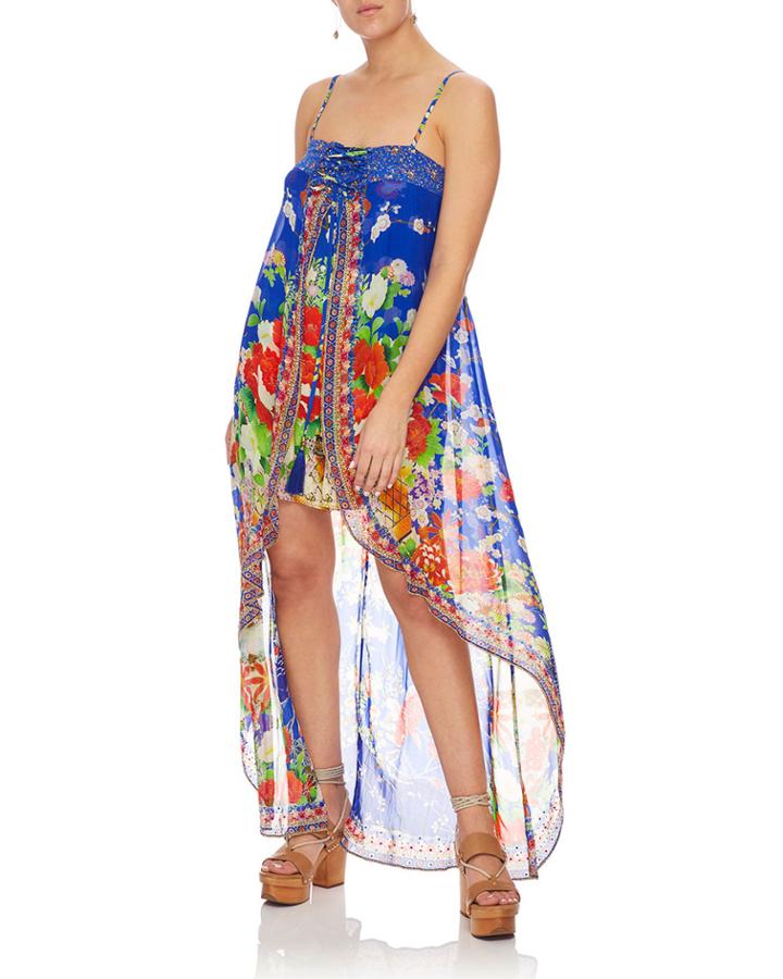 Printed Silk Embellished Romper With Overlay