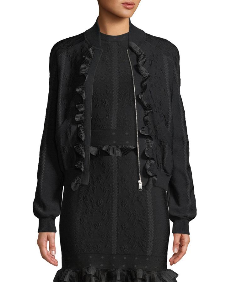 Cage Jacquard Zip-front Bomber Jacket With Ruffle Trim