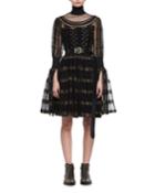 Metallic-striped Lace Cocktail Dress, Black/gold