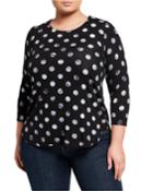 Plus Size Pleated Yoke 3/4 Sleeve Polka Dot Top