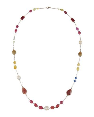 Multicolored Sapphire, Pearl & Diamond Rope Necklace