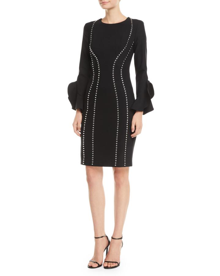 Studded Bell-sleeve Crepe Dress