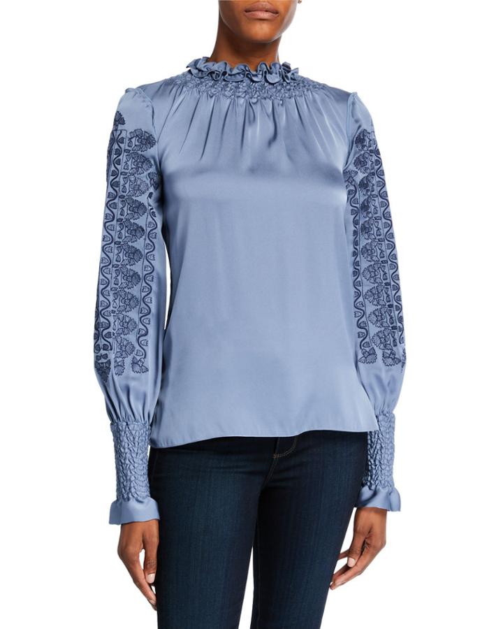 Talita High-neck Long-sleeve Silk Blouse With Embroidery