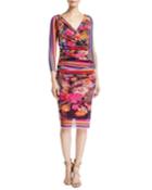 Cactus 3/4-sleeve V-neck Fitted Floral-print Dress