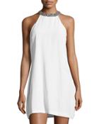 Embellished-trim A-line Silk Dress, White