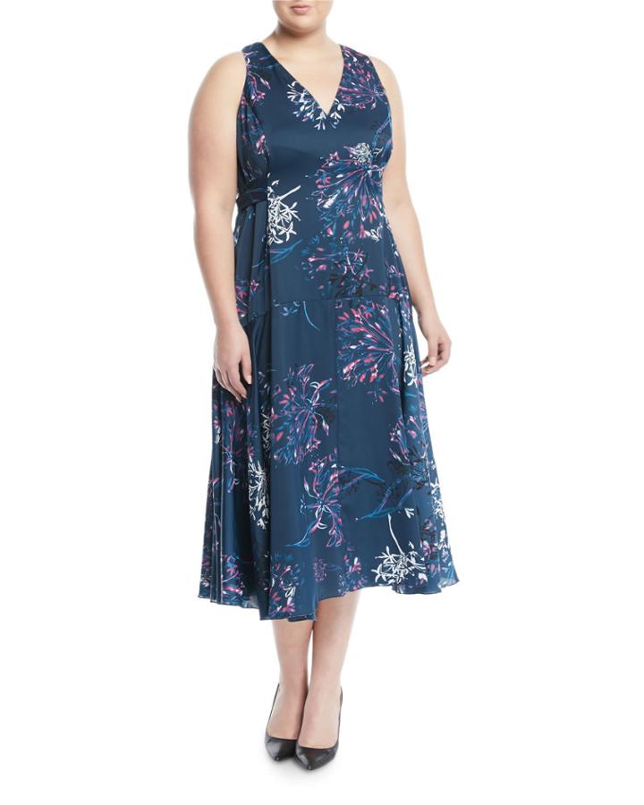 Floral Charmeuse Tie-front Midi Dress,
