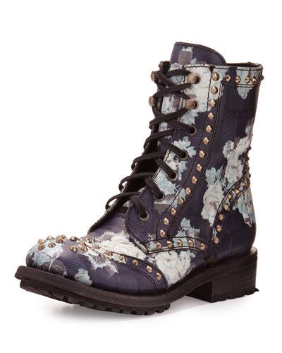 Rare Studded Floral-print Bootie, Black/white