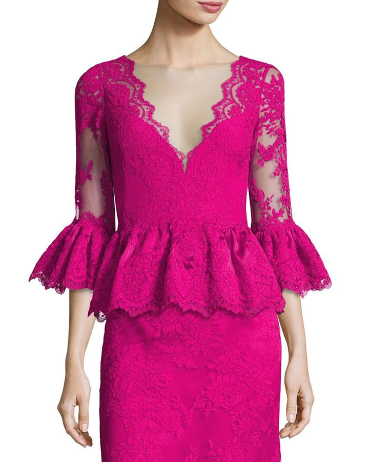 V-neck Lace Peplum Top, Fuchsia