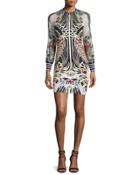 Long-sleeve Fish-print Jersey & Chiffon Dress