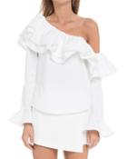 Ruffled One-shoulder Long-sleeve Cotton Poplin Top