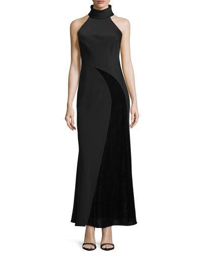Sleeveless Crepe & Chiffon Gown, Black