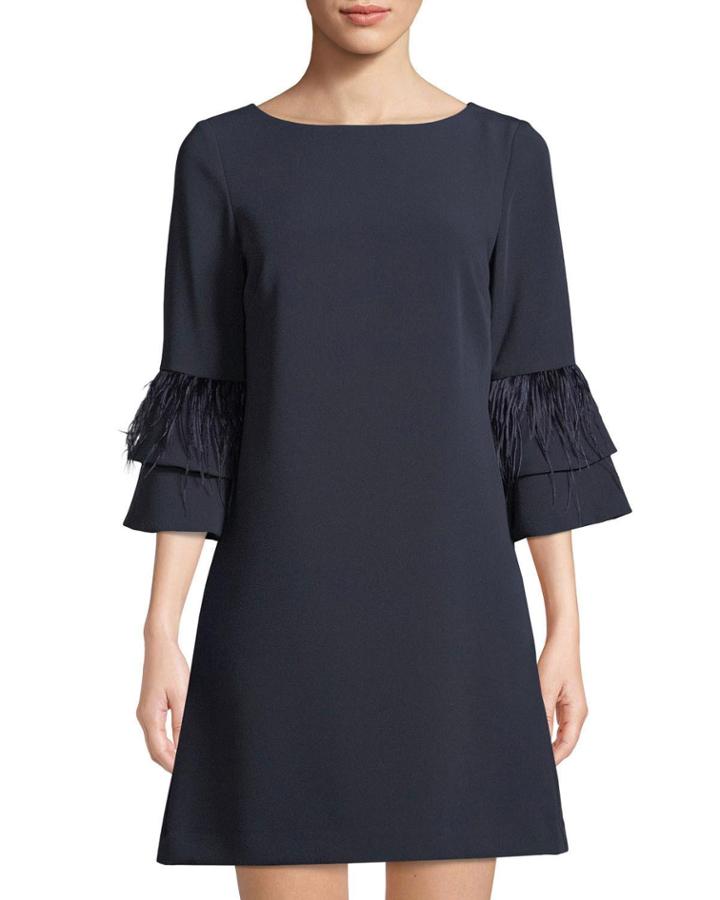 Crepe Dress With Feather Trim