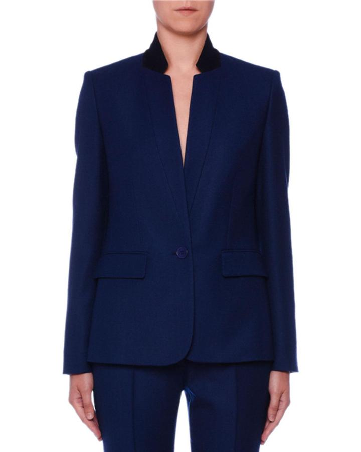 One-button Stand-collar Open-weave Wool Jacket