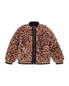 Girl's Faux Fur Leopard Print Bomber Jacket,